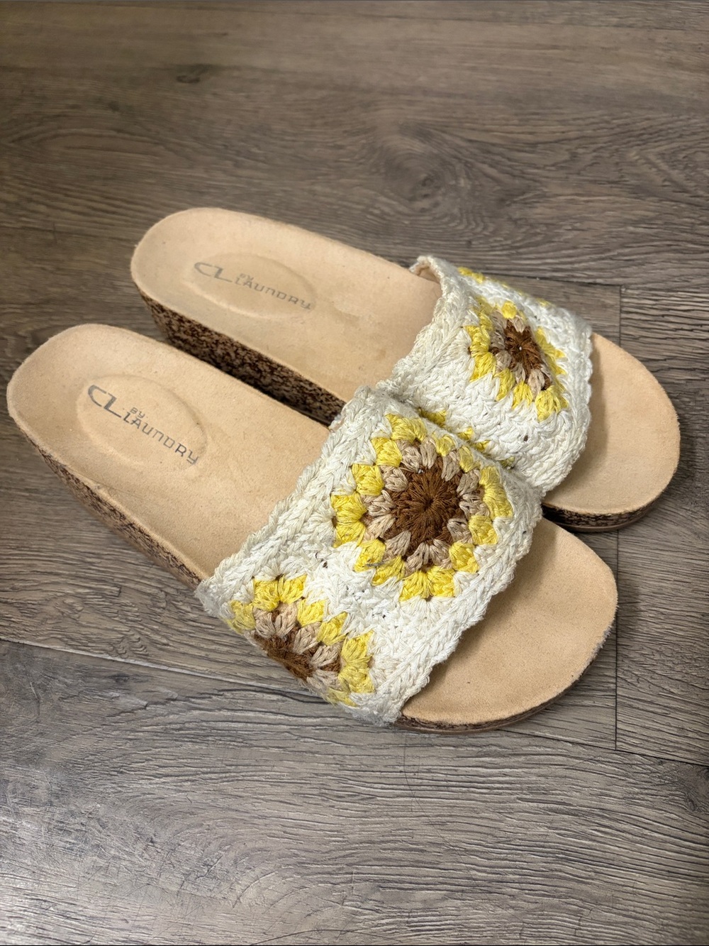 CL Laundry Cream Crochet Sunflower Slide Sandals - Yellow Accents